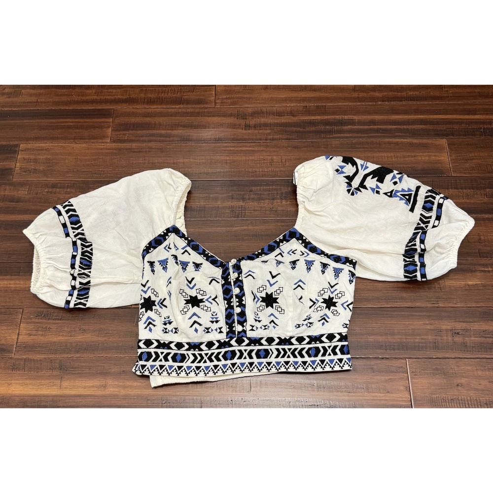 Anthropologie Embroidered Puff Sleeve Crop Top Blue White Boho Tie Back Large